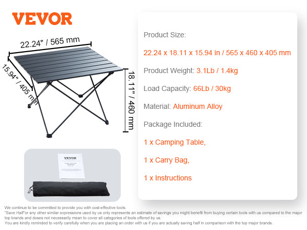VEVOR Folding Camping Table, Outdoor Portable Side Tables, Lightweight Fold Up Table, Aluminum Alloy Ultra Compact Work Table with Carry Bag, For Cooking, Beach, Picnic, Travel, 22.2x15.9 inch, Black