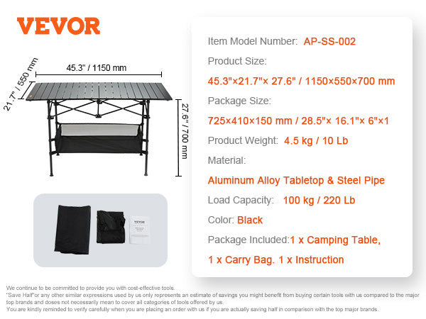 VEVOR Folding Camping Table, Outdoor Portable Side Tables, Lightweight Fold Up Table, Aluminum & Steel Ultra Compact Work Table with Large Storage and Carry Bag, For Beach, Picnic, Travel, 24x16 inch