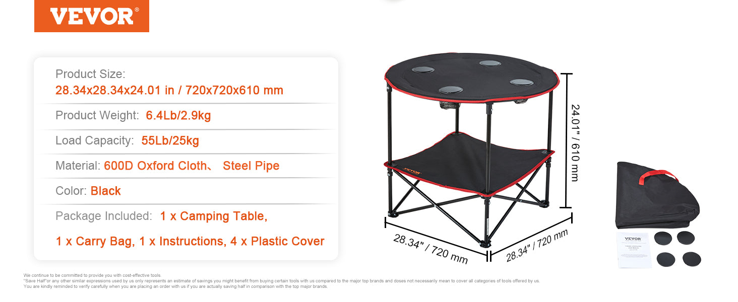 VEVOR Folding Camping Table, Outdoor Portable Side Tables, Lightweight Fold Up Table, 600D Oxford Fabric & Steel Ultra Compact Work Table with Large Storage & Carry Bag, For Beach Picnic, 28.3"x24"