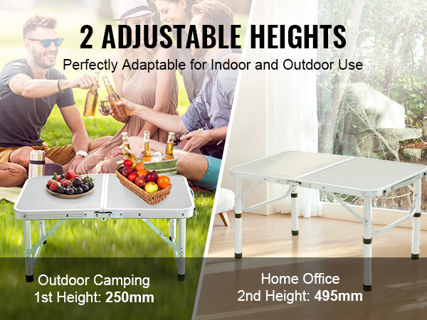 VEVOR Folding Camping Table, Adjustable Height Outdoor Portable Side Tables, Lightweight Fold Up Table, Aluminum & MDF Ultra Compact Work Table, For Cooking, Beach, Picnic, Travel, 24x16 inch, Silver