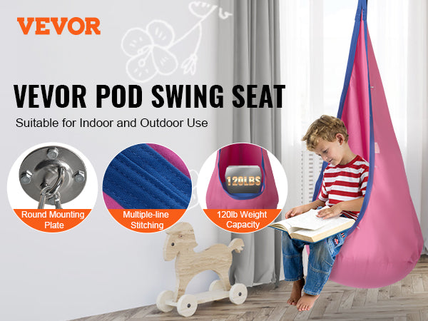 VEVOR Kids Pod Swing Seat, Hanging Hammock Chair with LED Lights Strings, Inflatable Cushion, Sensory Pod Swing Chair for Kids Indoor and Outdoor Hanging Chair, 100% Cotton Loading Capacity 120 lbs