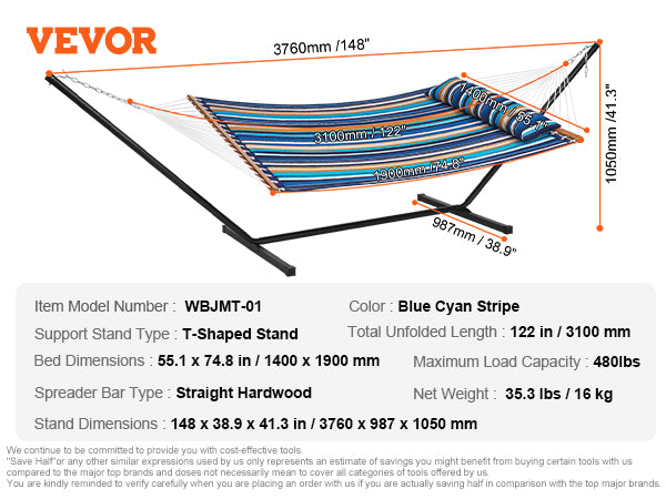 VEVOR Two Person Hammock with Stand Included Heavy Duty 480lb Capacity, Double Hammock with 12 FT Steel Stand and Portable Carrying Bag and Pillow, Freestanding Hammock for Outdoor Patio Yard Beach