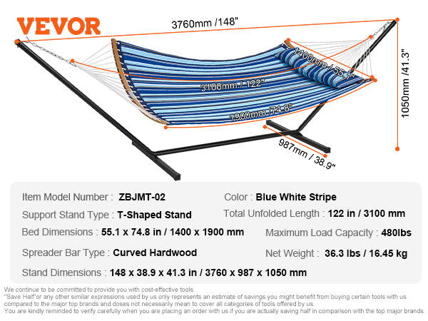 VEVOR Two Person Hammock with Stand Included, Double Hammock with Curved Spreader Bar and Detachable Pillow and Portable Carrying Bag, Perfect for Outdoor Freestanding Hammock, 480lb Capacity