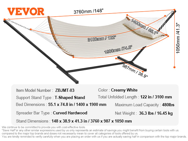 VEVOR Double Quilted Fabric Hammock Two Person Hammock with Stand 480lb Capacity