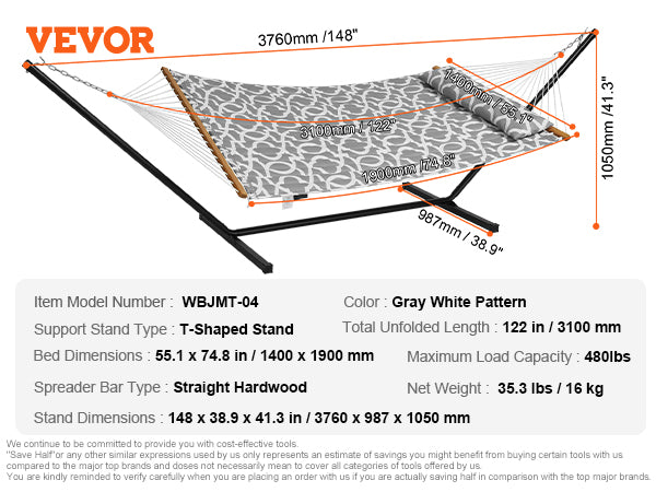 VEVOR Two Person Hammock with Stand Included Heavy Duty 480lb Capacity, Double Hammock with 12 FT Steel Stand and Portable Carrying Bag and Pillow, Freestanding Hammock for Outdoor Patio Yard Beach