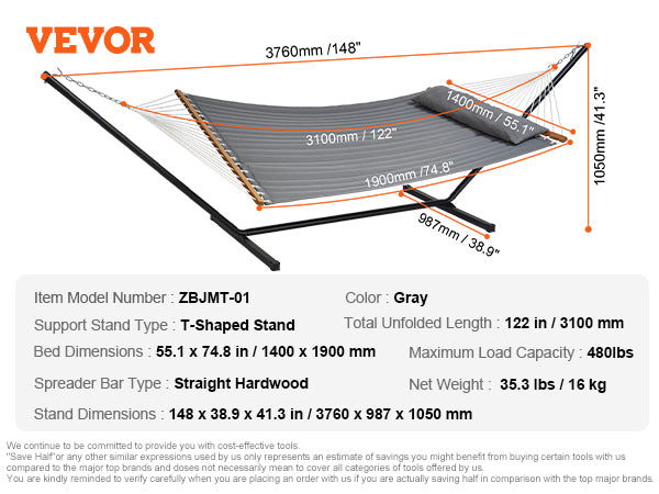 VEVOR Two Person Hammock with Stand Included Heavy Duty 480lb Capacity, Double Hammock with 12 FT Steel Stand and Portable Carrying Bag and Pillow, Freestanding Hammock for Outdoor Patio Yard Beach