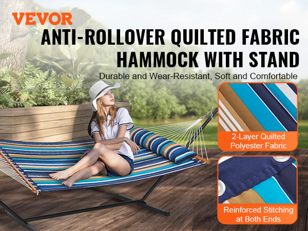 VEVOR Two Person Hammock with Stand Included Heavy Duty 480lb Capacity, Double Hammock with 12 FT Steel Stand and Portable Carrying Bag and Pillow, Freestanding Hammock for Outdoor Patio Yard Beach