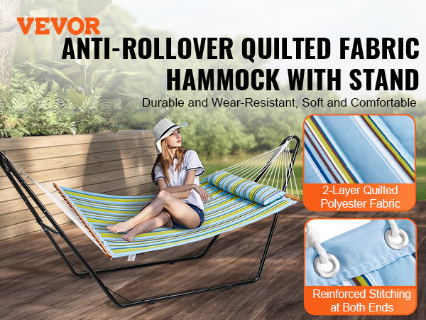 VEVOR Two Person Hammock with Stand Included Heavy Duty 480lb Capacity, Double Hammock with 12 FT Steel Stand and Portable Carrying Bag and Pillow, Freestanding Hammock for Outdoor Patio Yard Beach