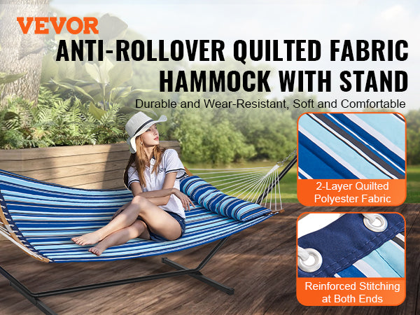 VEVOR Two Person Hammock with Stand Included, Double Hammock with Curved Spreader Bar and Detachable Pillow and Portable Carrying Bag, Perfect for Outdoor Freestanding Hammock, 480lb Capacity