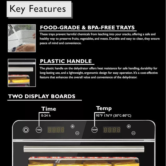 8 Trays Food Dehydrator Machine 700W w ATC, Digital Timer, Recipe Book & Trays