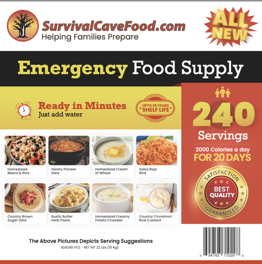 Survival Cave Food - Ultimate 240-Serving Emergency Meal Kit | 25-Year Shelf Life | Made in USA