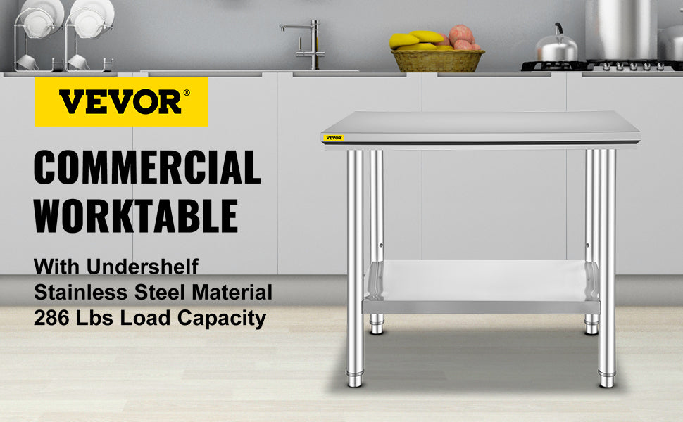 VEVOR Stainless Steel Work Table 24 x 36 x 32 Inch Commercial Kitchen Prep & Work Table Heavy Duty Prep Worktable Metal Work Table with Adjustable Feet for Restaurant, Home and Hotel