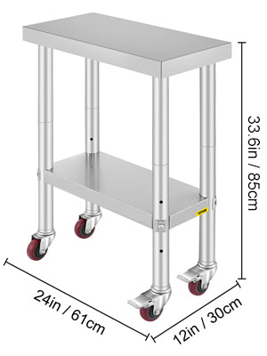 VEVOR Stainless Steel Work Table with Wheels 24 x 12 x 32 Inch Prep Table with 4 Casters Heavy Duty Work Table for Commercial Kitchen Restaurant Business