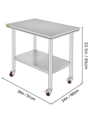 VEVOR Stainless Steel Work Table 36x24 Inch with 4 Wheels Commercial Food Prep Worktable with Casters Heavy Duty Work Table for Commercial Kitchen Restaurant