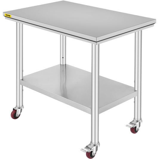 VEVOR Stainless Steel Work Table 36x24 Inch with 4 Wheels Commercial Food Prep Worktable with Casters Heavy Duty Work Table for Commercial Kitchen Restaurant