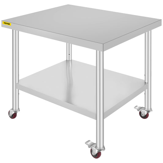 VEVOR 30x36x34 Inch Stainless Steel Work Table 3-Stage Adjustable Shelf with 4 Wheels Heavy Duty Commercial Food Prep Worktable with Brake for Kitchen Prep Work