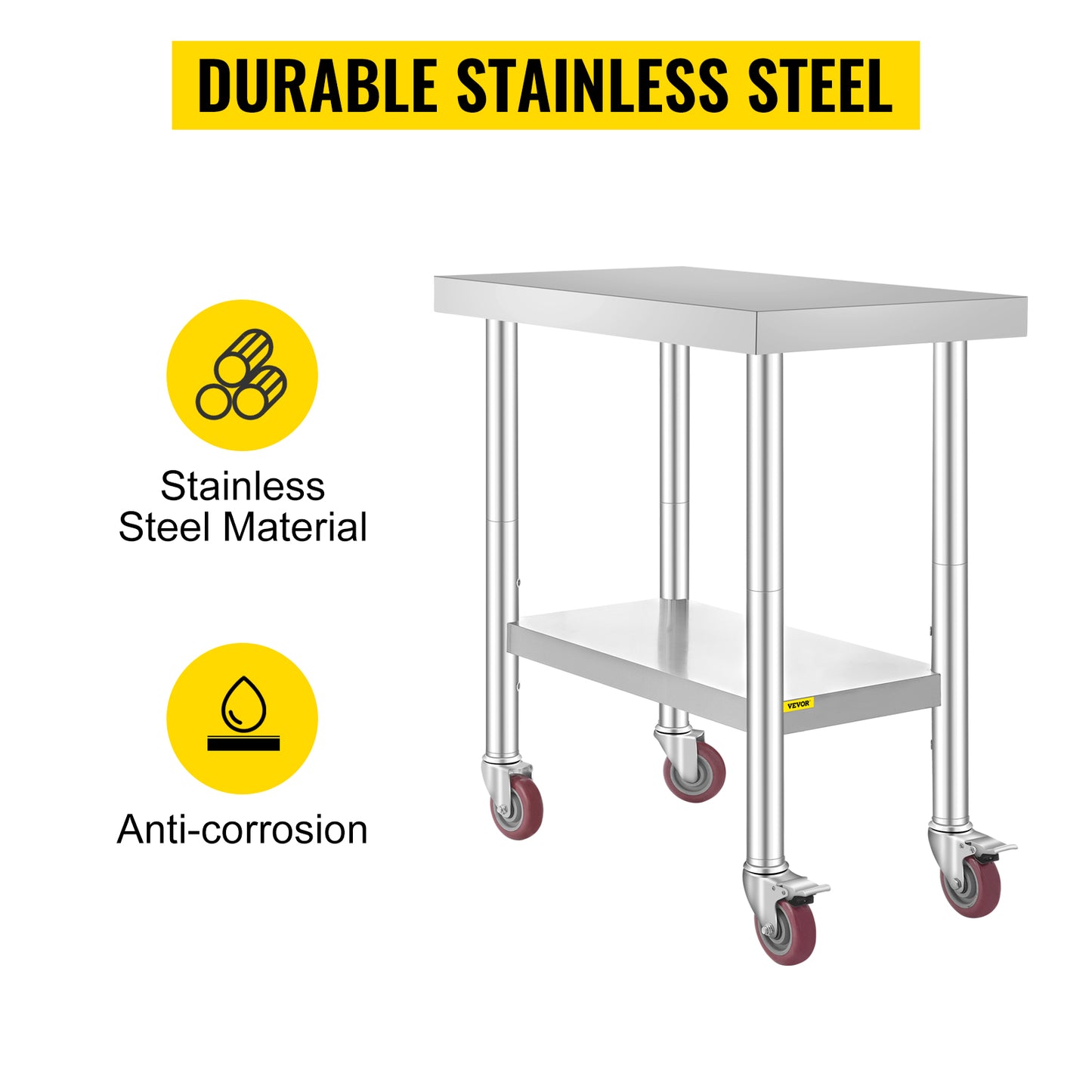 VEVOR 30x18x34 Inch Stainless Steel Work Table 3-Stage Adjustable Shelf with 4 Wheels Heavy Duty Commercial Food Prep Worktable with Brake for Kitchen Prep Work