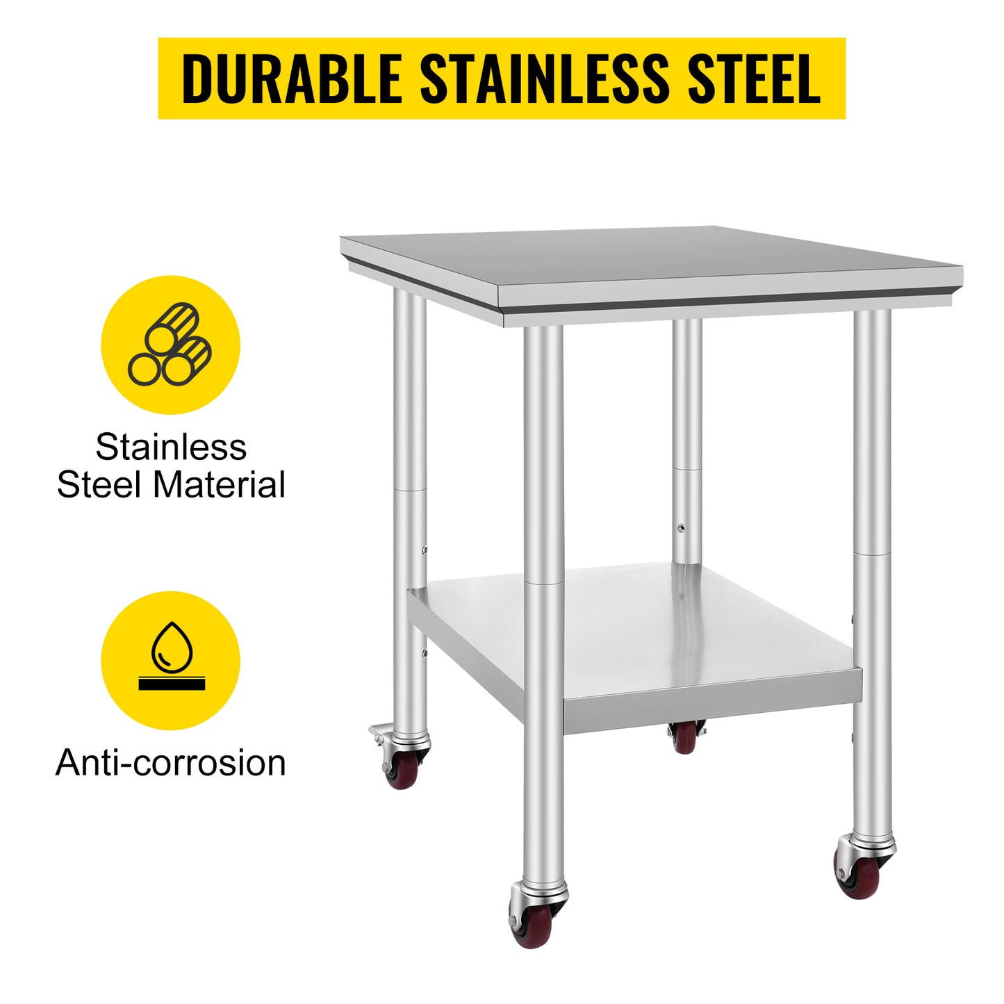 VEVOR Stainless Steel Work Table with Wheels 24 x 30 Prep Table with casters Heavy Duty Work Table for Commercial Kitchen Restaurant Business (24 x 30 x 33.8 Inch)