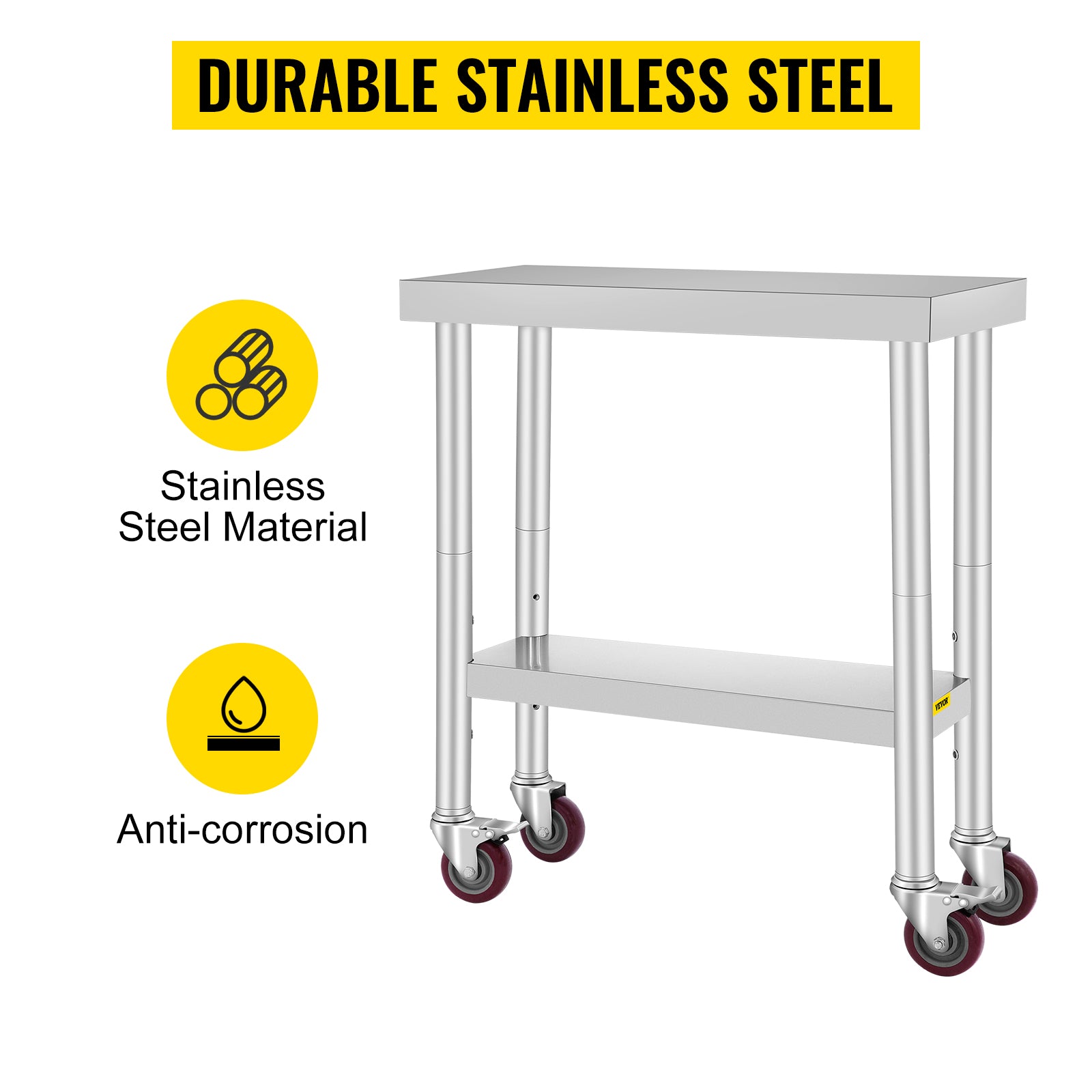 VEVOR 30x12x34 Inch Stainless Steel Work Table 3-Stage Adjustable Shelf with 4 Wheels Heavy Duty Commercial Food Prep Worktable with Brake for Kitchen Prep Work