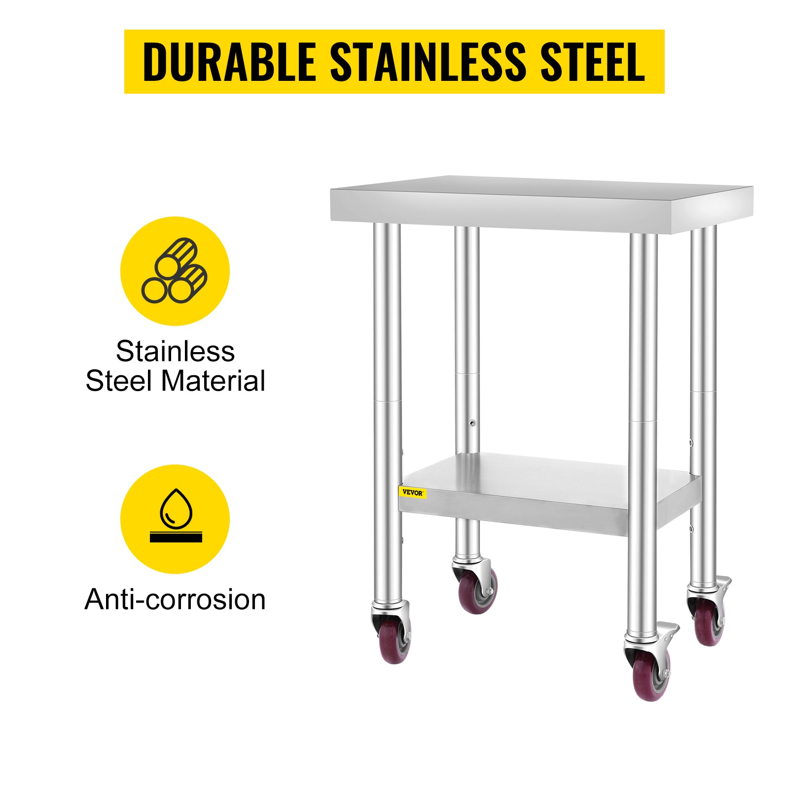 VEVOR 24x18x34 Inch Stainless Steel Work Table 3-Stage Adjustable Shelf with 4 Wheels Heavy Duty Commercial Food Prep Worktable with Brake for Kitchen Prep Work