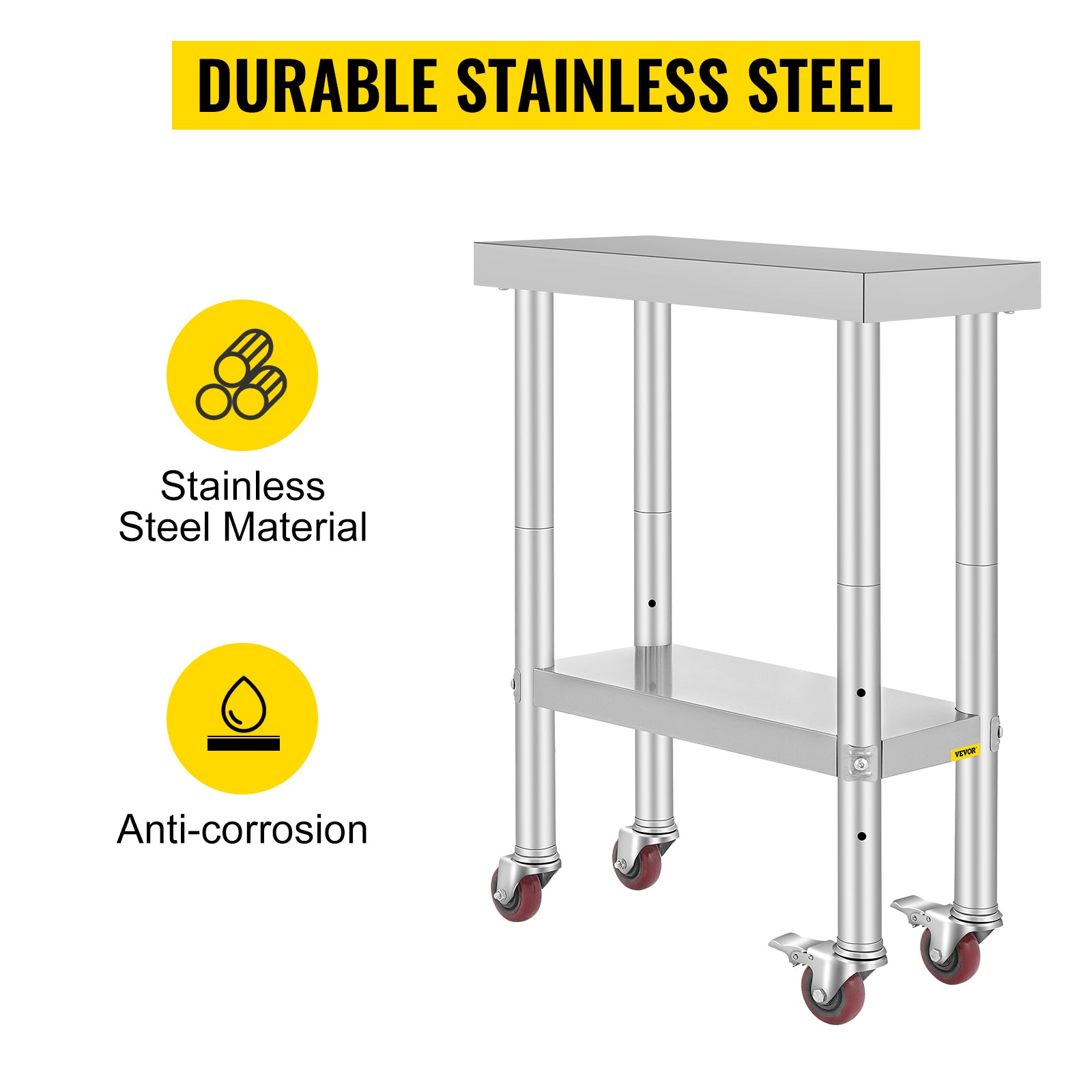 VEVOR Stainless Steel Work Table with Wheels 24 x 12 x 32 Inch Prep Table with 4 Casters Heavy Duty Work Table for Commercial Kitchen Restaurant Business