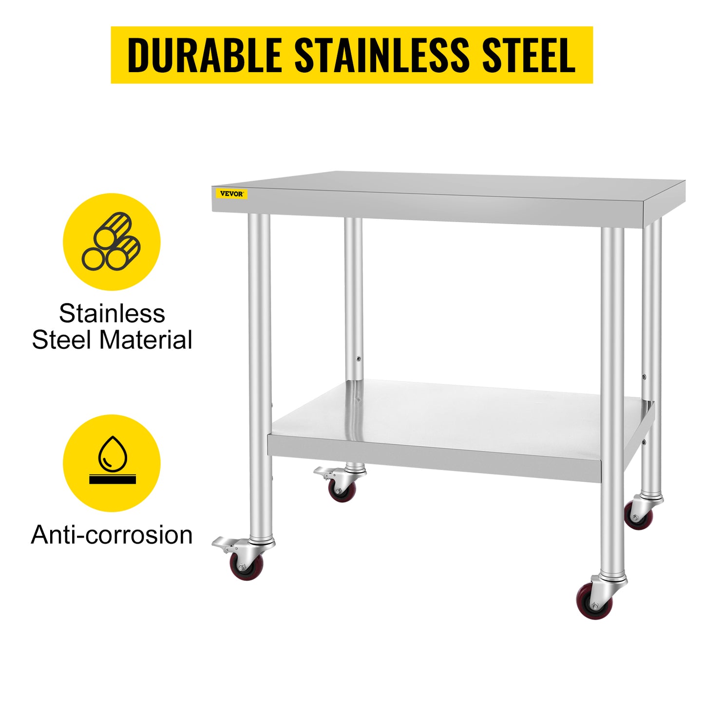 VEVOR 30x36x34 Inch Stainless Steel Work Table 3-Stage Adjustable Shelf with 4 Wheels Heavy Duty Commercial Food Prep Worktable with Brake for Kitchen Prep Work