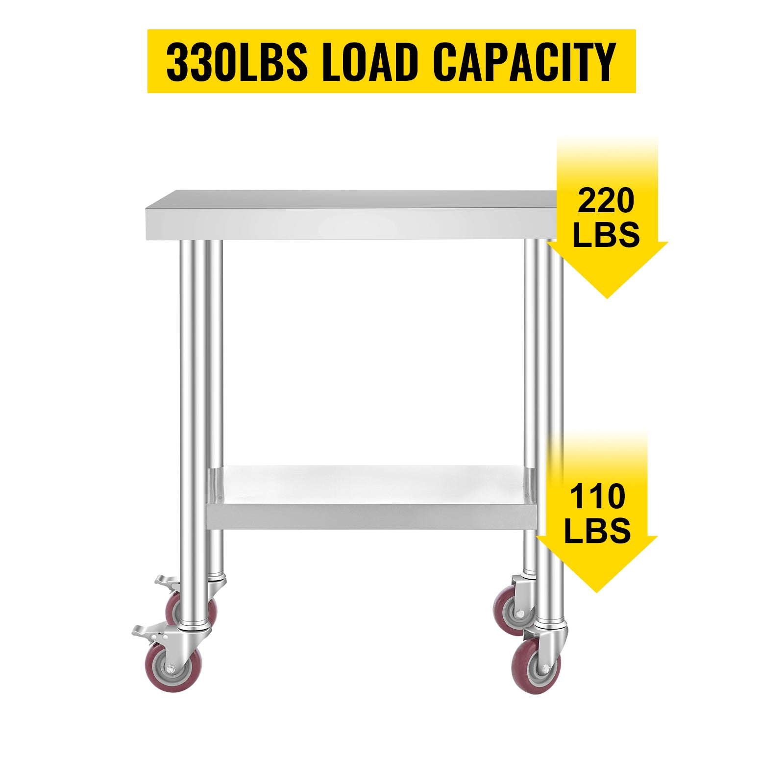 VEVOR 30x18x34 Inch Stainless Steel Work Table 3-Stage Adjustable Shelf with 4 Wheels Heavy Duty Commercial Food Prep Worktable with Brake for Kitchen Prep Work