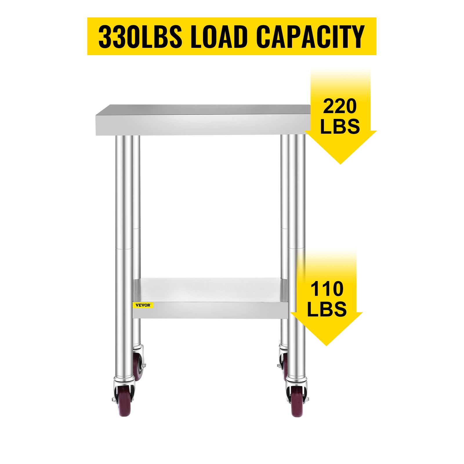 VEVOR 24x18x34 Inch Stainless Steel Work Table 3-Stage Adjustable Shelf with 4 Wheels Heavy Duty Commercial Food Prep Worktable with Brake for Kitchen Prep Work