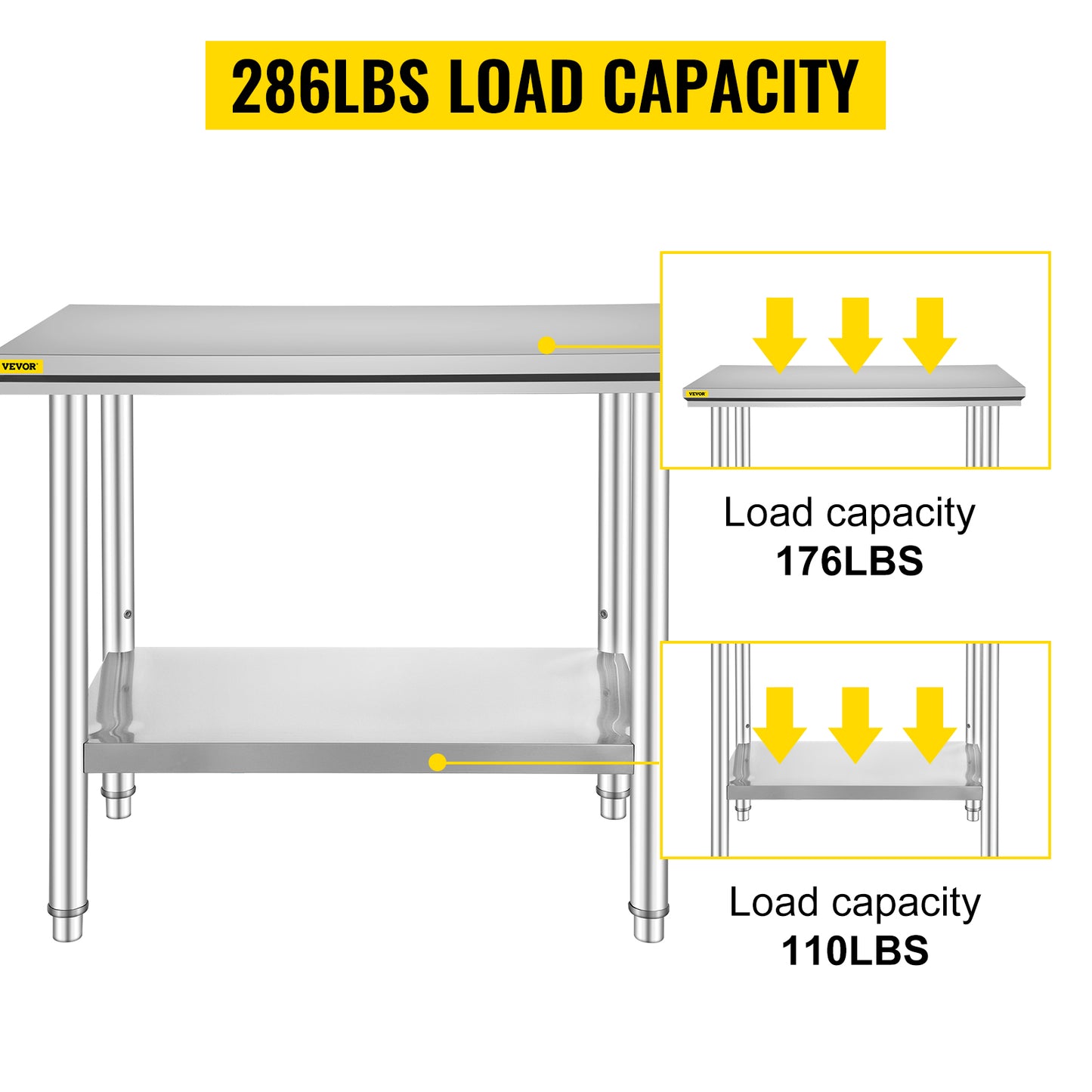 VEVOR Stainless Steel Work Table 24 x 36 x 32 Inch Commercial Kitchen Prep & Work Table Heavy Duty Prep Worktable Metal Work Table with Adjustable Feet for Restaurant, Home and Hotel