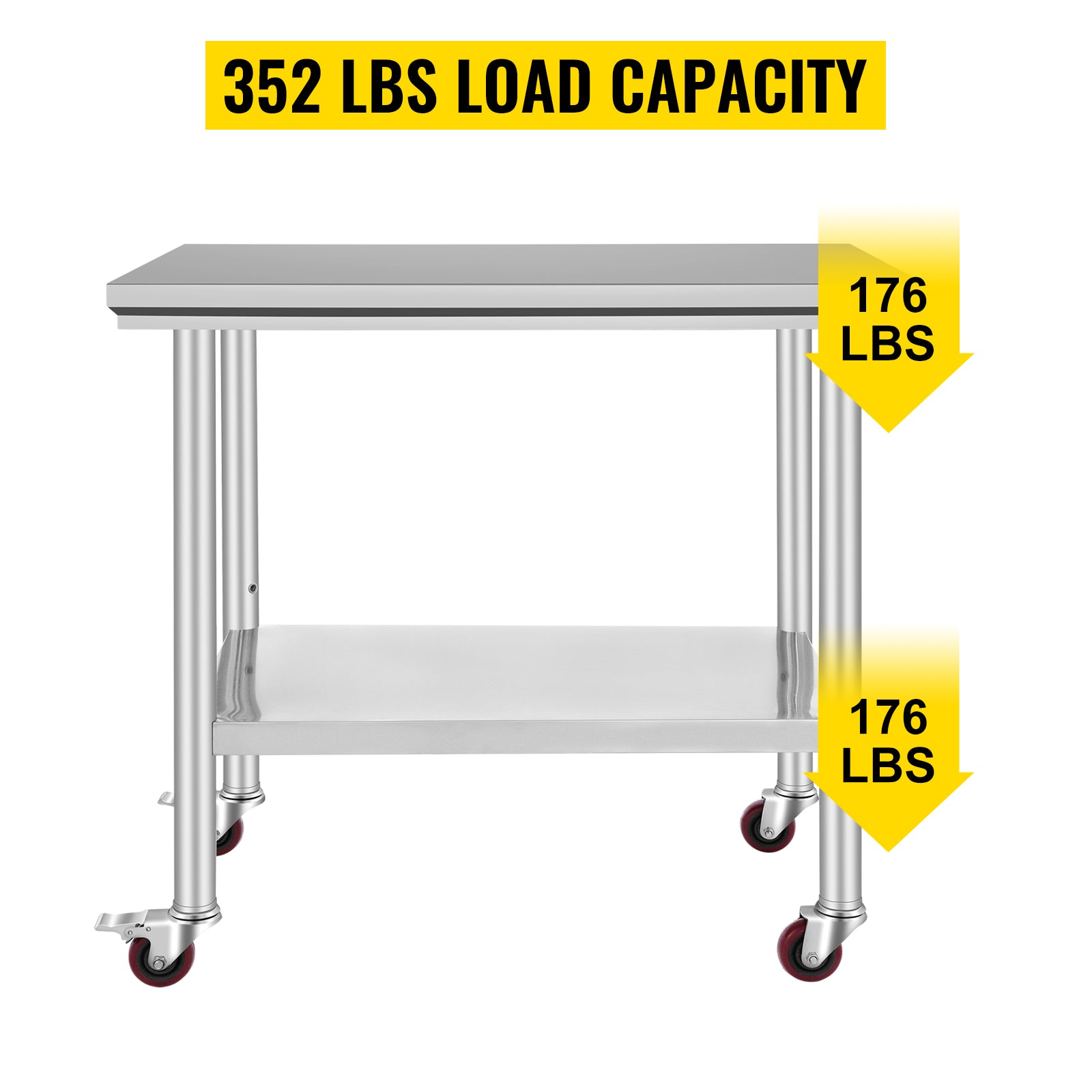 VEVOR Stainless Steel Work Table 36x24 Inch with 4 Wheels Commercial Food Prep Worktable with Casters Heavy Duty Work Table for Commercial Kitchen Restaurant