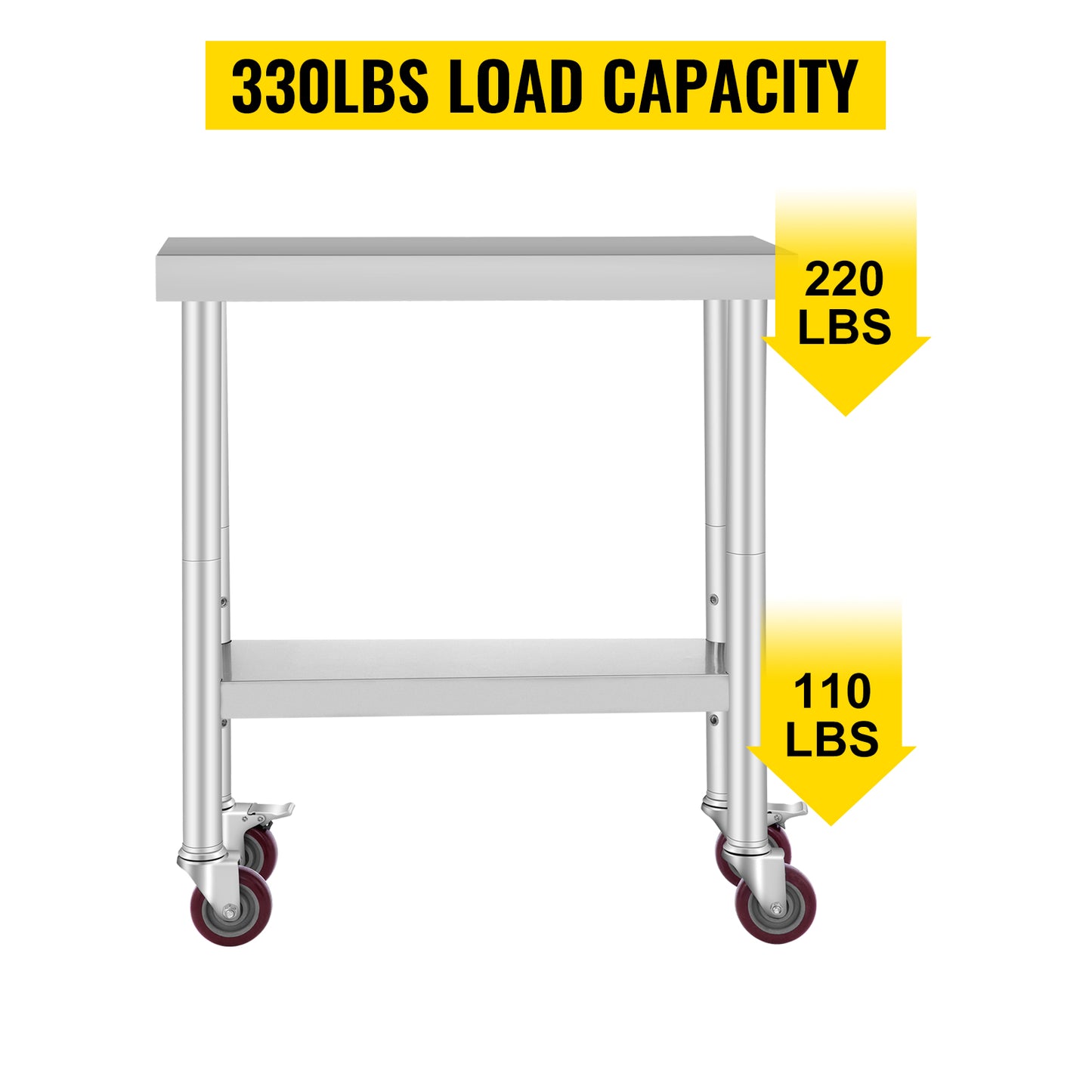 VEVOR 30x12x34 Inch Stainless Steel Work Table 3-Stage Adjustable Shelf with 4 Wheels Heavy Duty Commercial Food Prep Worktable with Brake for Kitchen Prep Work