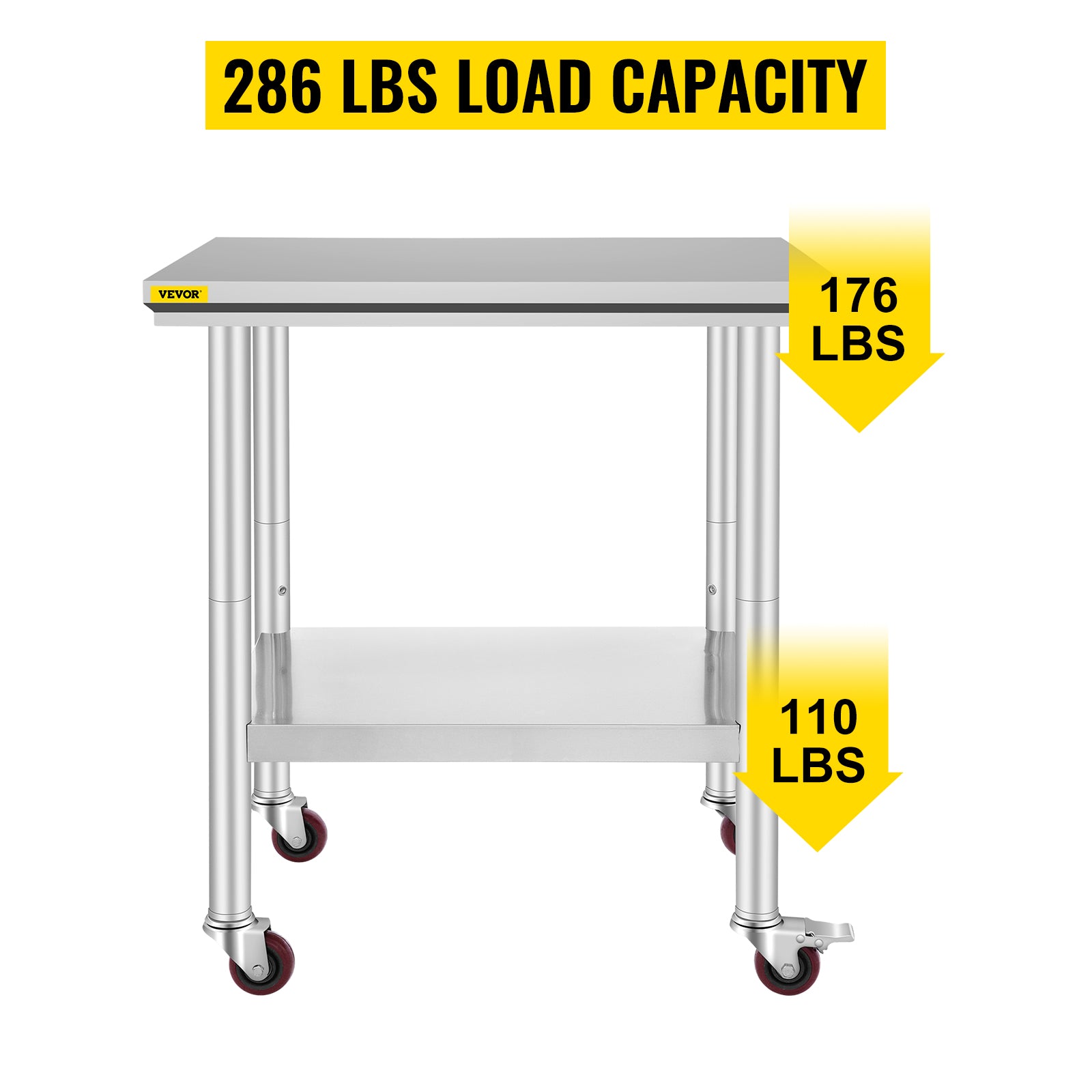 VEVOR Stainless Steel Work Table with Wheels 24 x 30 Prep Table with casters Heavy Duty Work Table for Commercial Kitchen Restaurant Business (24 x 30 x 33.8 Inch)