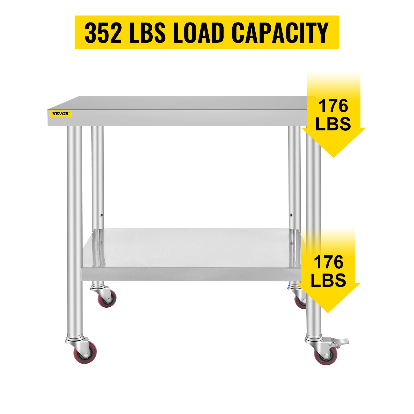 VEVOR 30x36x34 Inch Stainless Steel Work Table 3-Stage Adjustable Shelf with 4 Wheels Heavy Duty Commercial Food Prep Worktable with Brake for Kitchen Prep Work