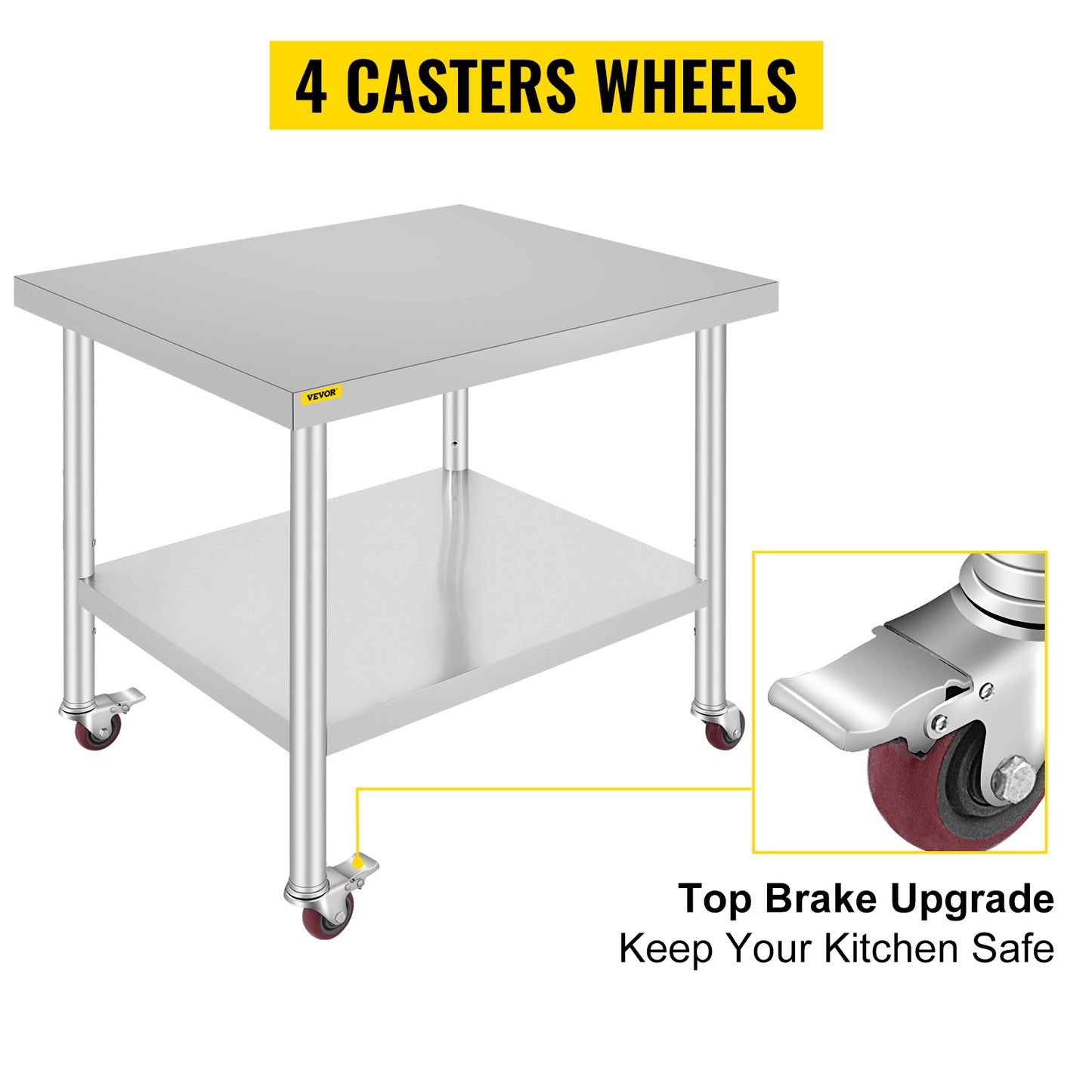 VEVOR 30x36x34 Inch Stainless Steel Work Table 3-Stage Adjustable Shelf with 4 Wheels Heavy Duty Commercial Food Prep Worktable with Brake for Kitchen Prep Work