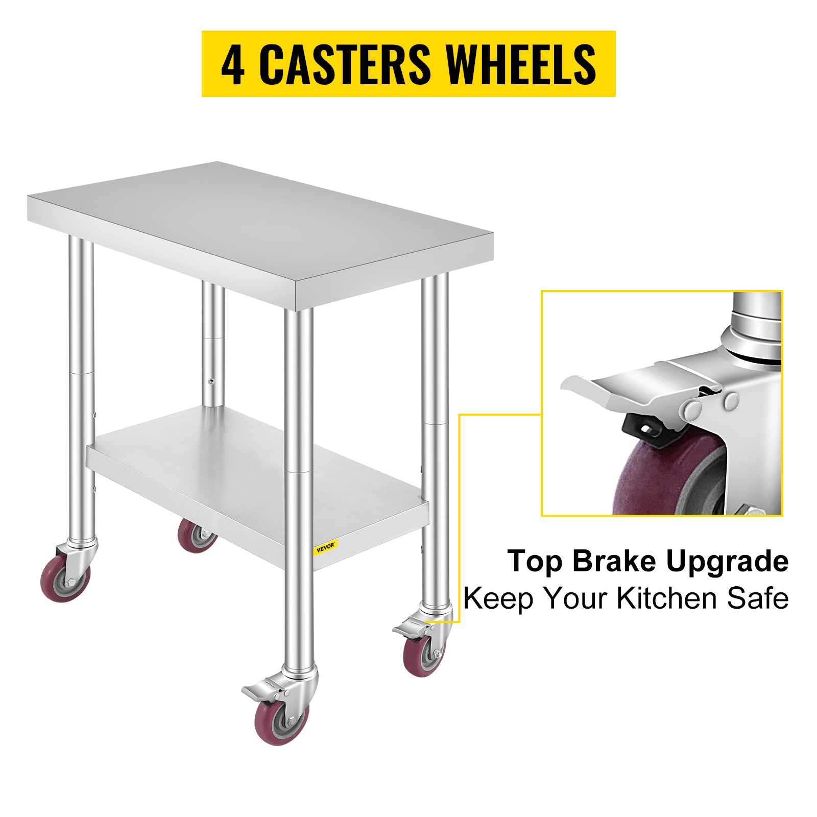 VEVOR 30x18x34 Inch Stainless Steel Work Table 3-Stage Adjustable Shelf with 4 Wheels Heavy Duty Commercial Food Prep Worktable with Brake for Kitchen Prep Work