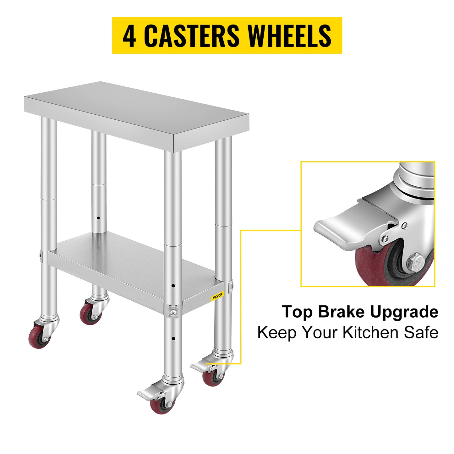 VEVOR Stainless Steel Work Table with Wheels 24 x 12 x 32 Inch Prep Table with 4 Casters Heavy Duty Work Table for Commercial Kitchen Restaurant Business