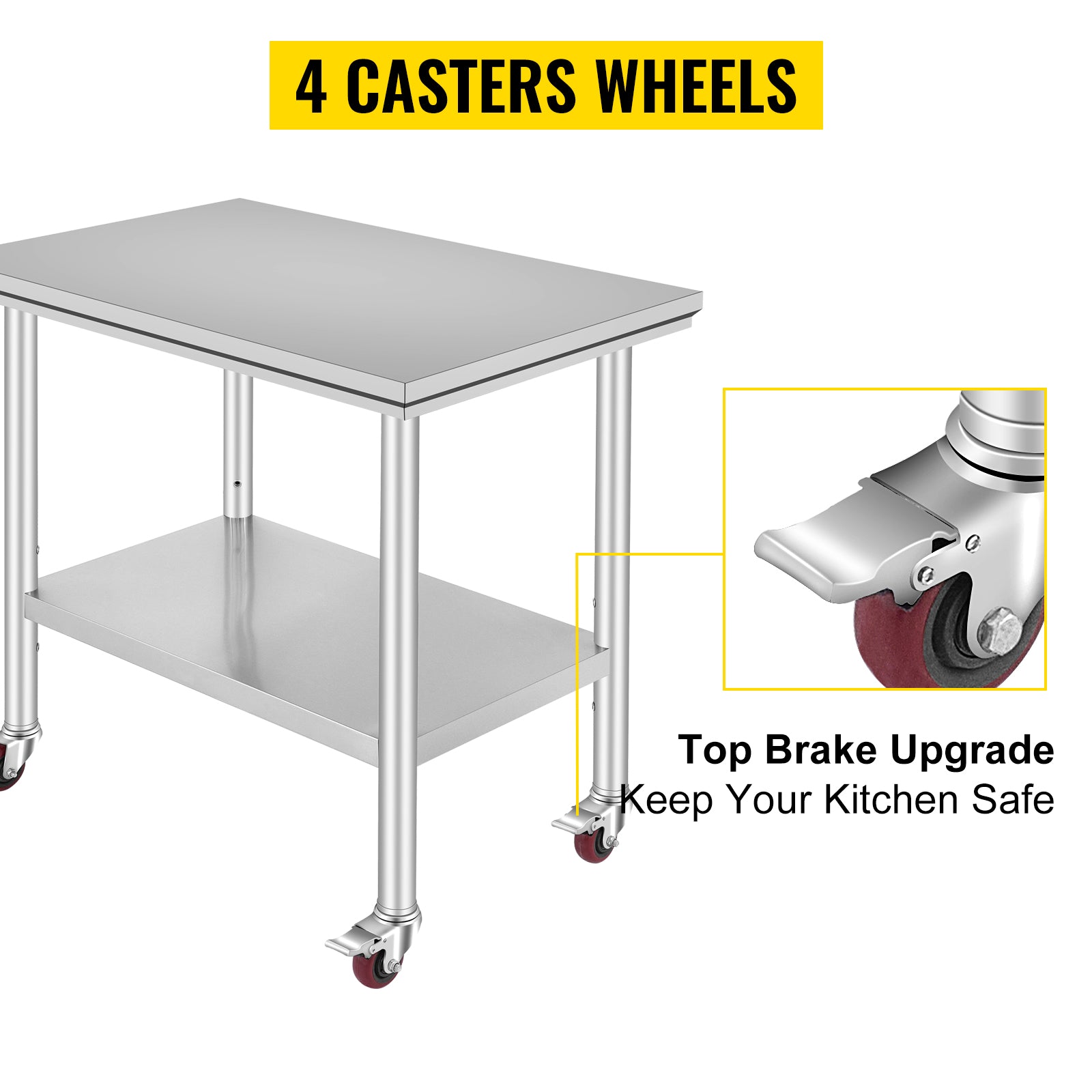 VEVOR Stainless Steel Work Table 36x24 Inch with 4 Wheels Commercial Food Prep Worktable with Casters Heavy Duty Work Table for Commercial Kitchen Restaurant