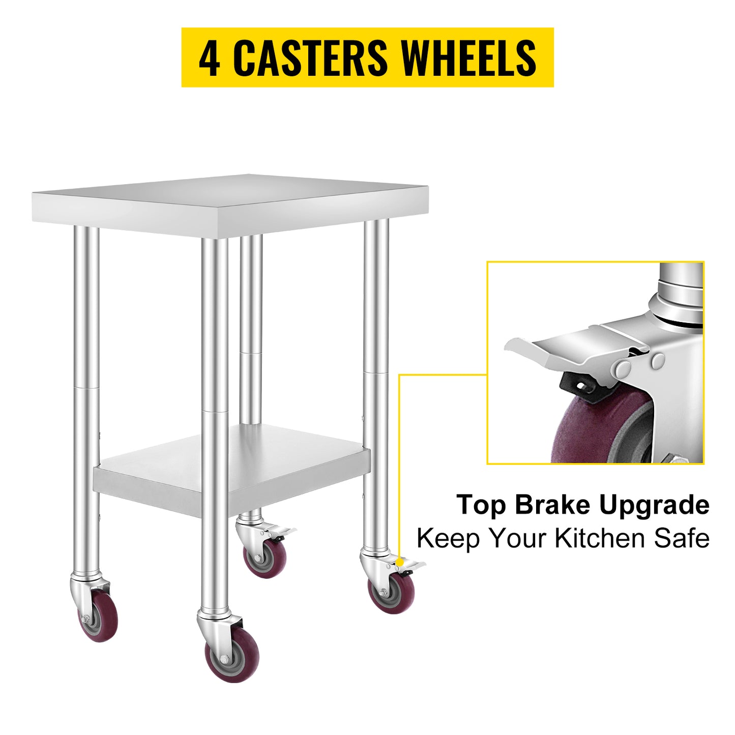 VEVOR 24x18x34 Inch Stainless Steel Work Table 3-Stage Adjustable Shelf with 4 Wheels Heavy Duty Commercial Food Prep Worktable with Brake for Kitchen Prep Work