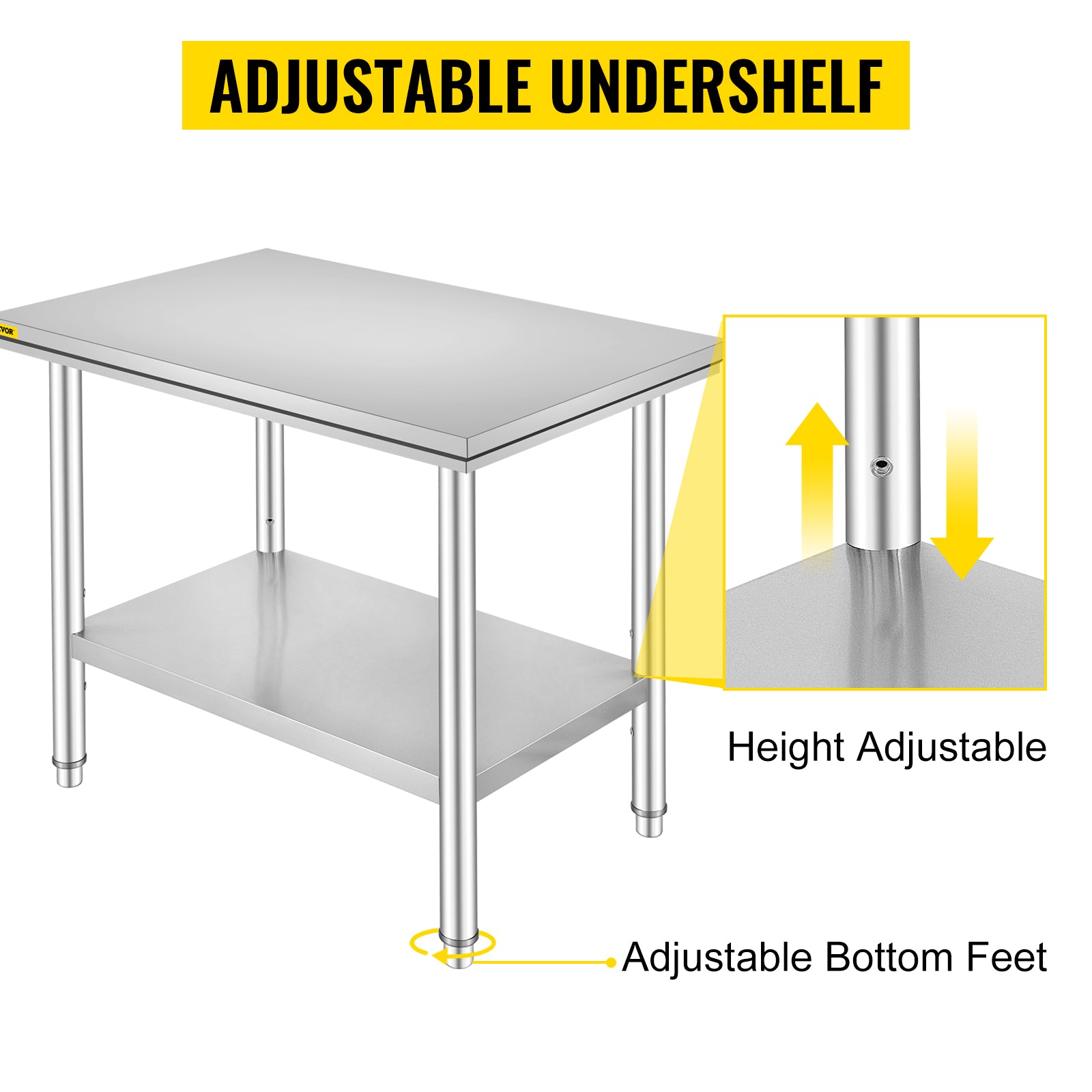 VEVOR Stainless Steel Work Table 24 x 36 x 32 Inch Commercial Kitchen Prep & Work Table Heavy Duty Prep Worktable Metal Work Table with Adjustable Feet for Restaurant, Home and Hotel