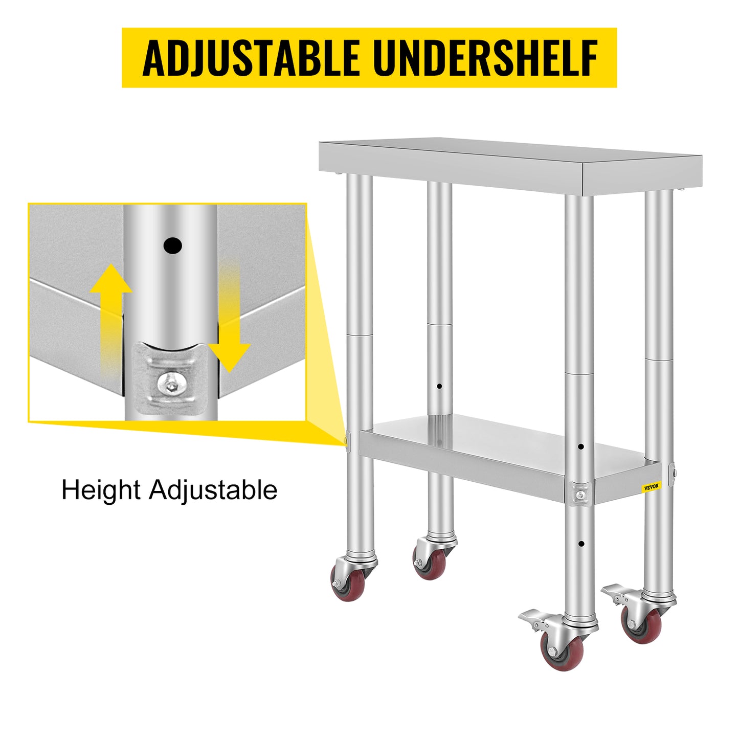 VEVOR Stainless Steel Work Table with Wheels 24 x 12 x 32 Inch Prep Table with 4 Casters Heavy Duty Work Table for Commercial Kitchen Restaurant Business