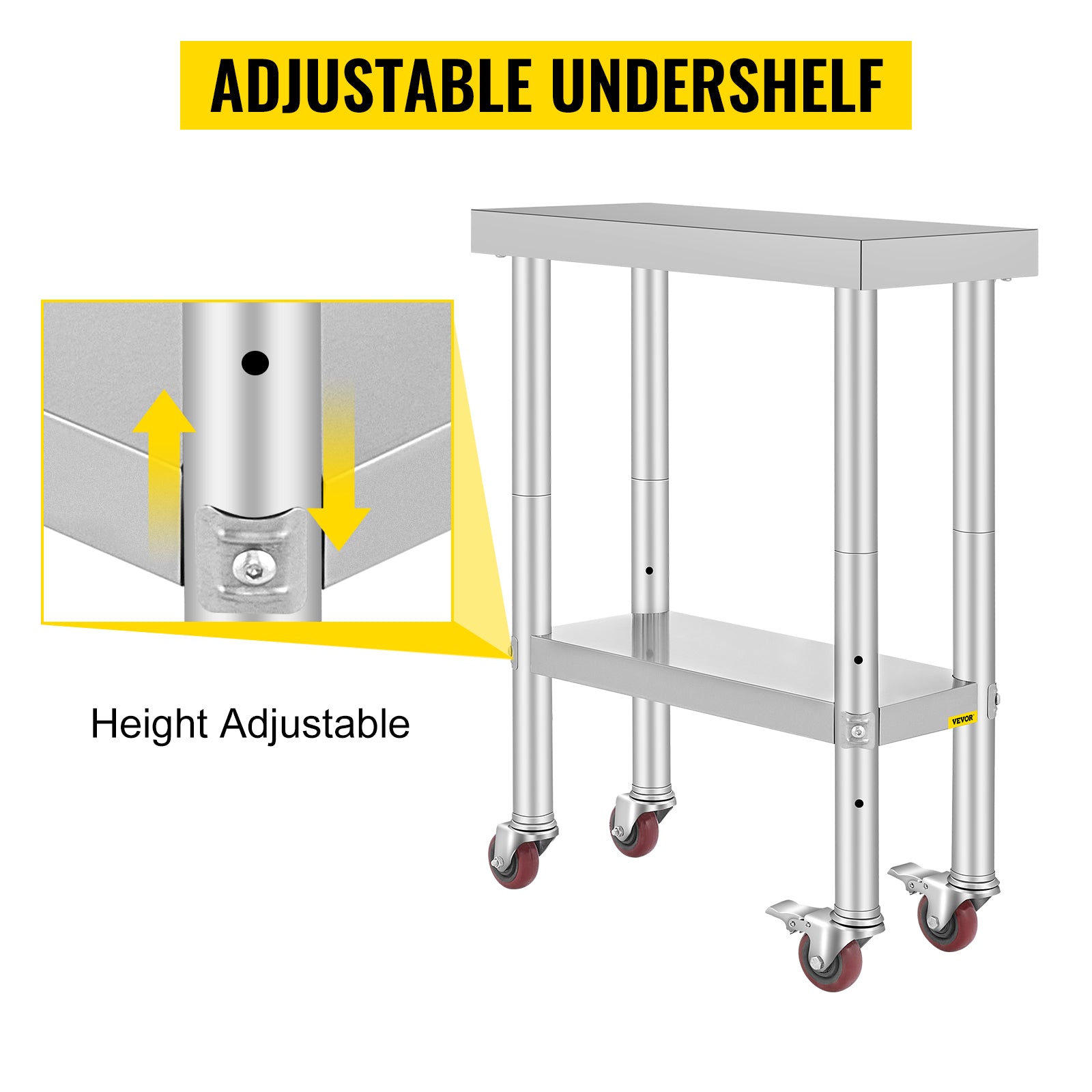 VEVOR Stainless Steel Work Table with Wheels 24 x 12 x 32 Inch Prep Table with 4 Casters Heavy Duty Work Table for Commercial Kitchen Restaurant Business