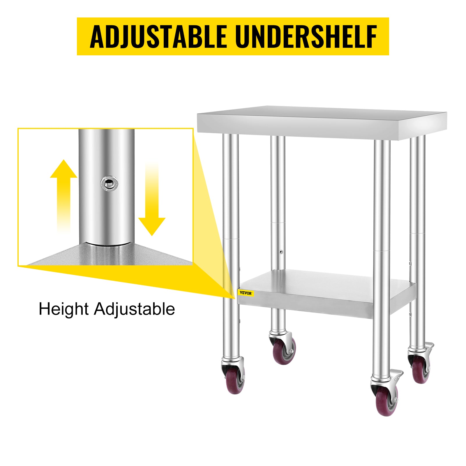 VEVOR 24x18x34 Inch Stainless Steel Work Table 3-Stage Adjustable Shelf with 4 Wheels Heavy Duty Commercial Food Prep Worktable with Brake for Kitchen Prep Work