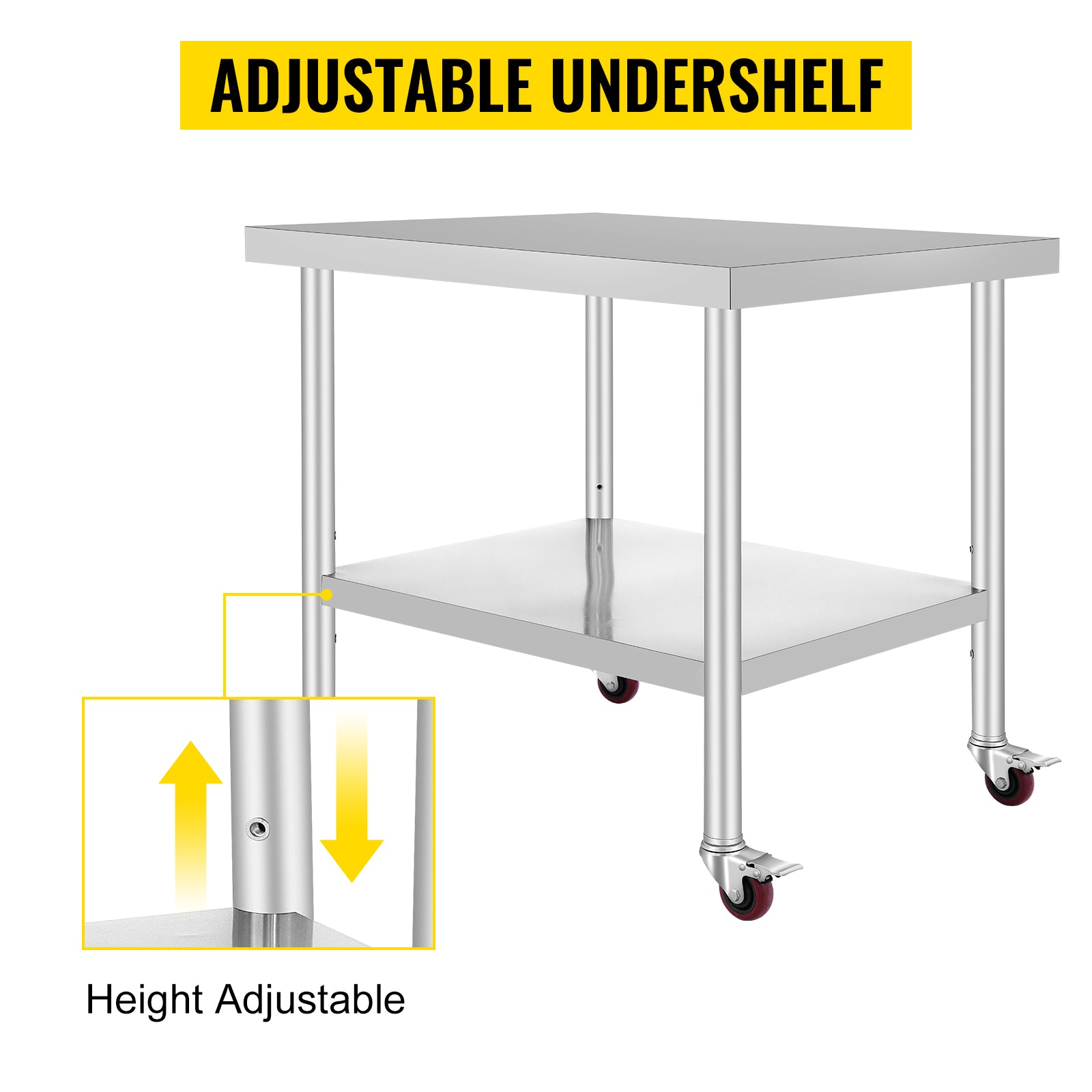 VEVOR 30x36x34 Inch Stainless Steel Work Table 3-Stage Adjustable Shelf with 4 Wheels Heavy Duty Commercial Food Prep Worktable with Brake for Kitchen Prep Work