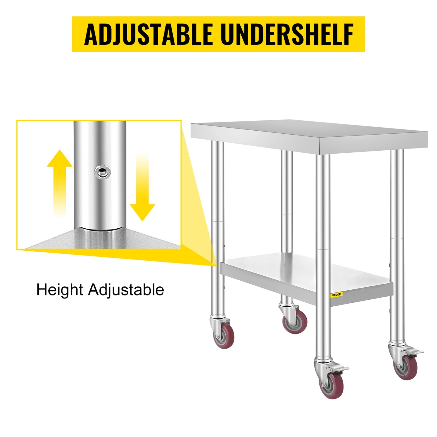 VEVOR 30x18x34 Inch Stainless Steel Work Table 3-Stage Adjustable Shelf with 4 Wheels Heavy Duty Commercial Food Prep Worktable with Brake for Kitchen Prep Work