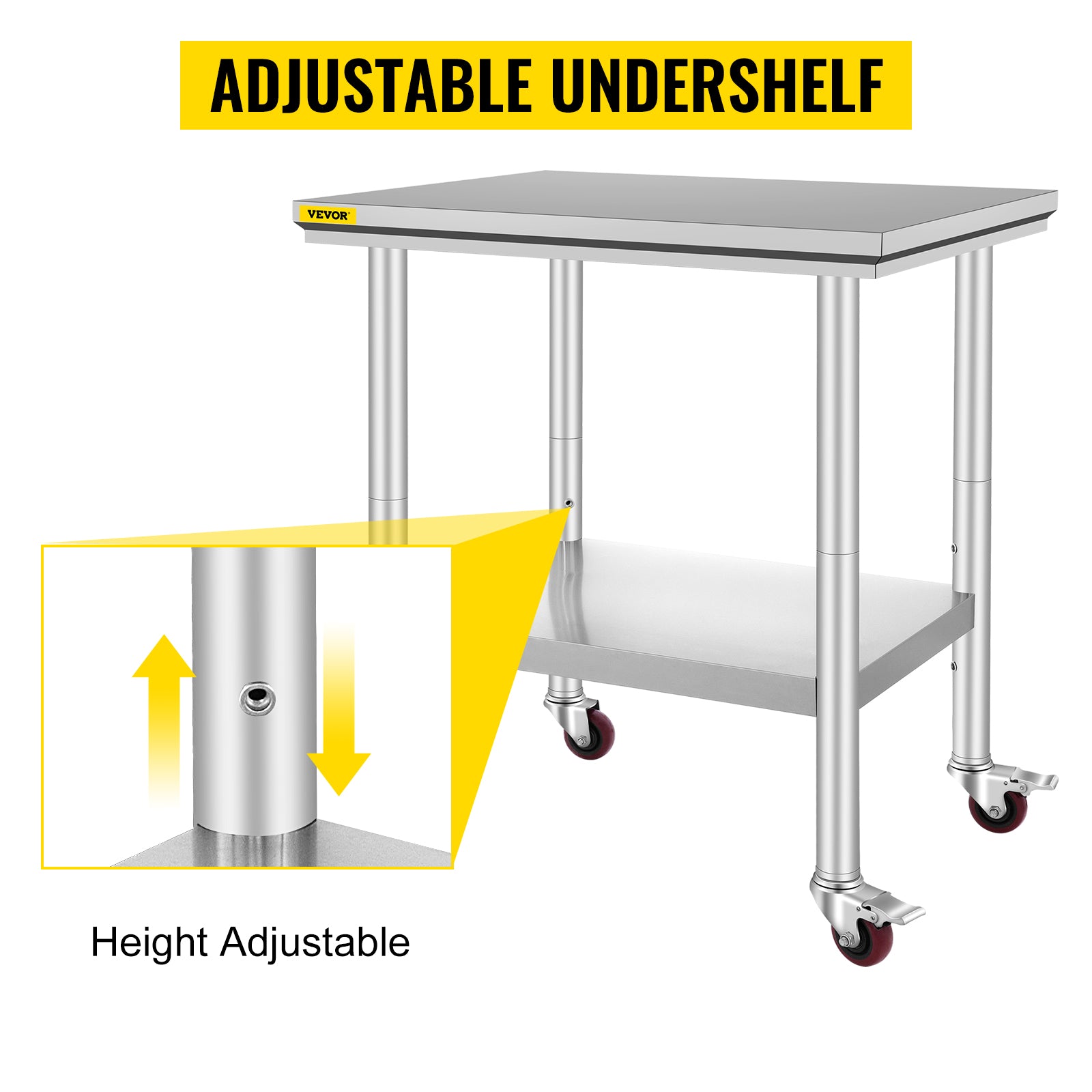 VEVOR Stainless Steel Work Table with Wheels 24 x 30 Prep Table with casters Heavy Duty Work Table for Commercial Kitchen Restaurant Business (24 x 30 x 33.8 Inch)