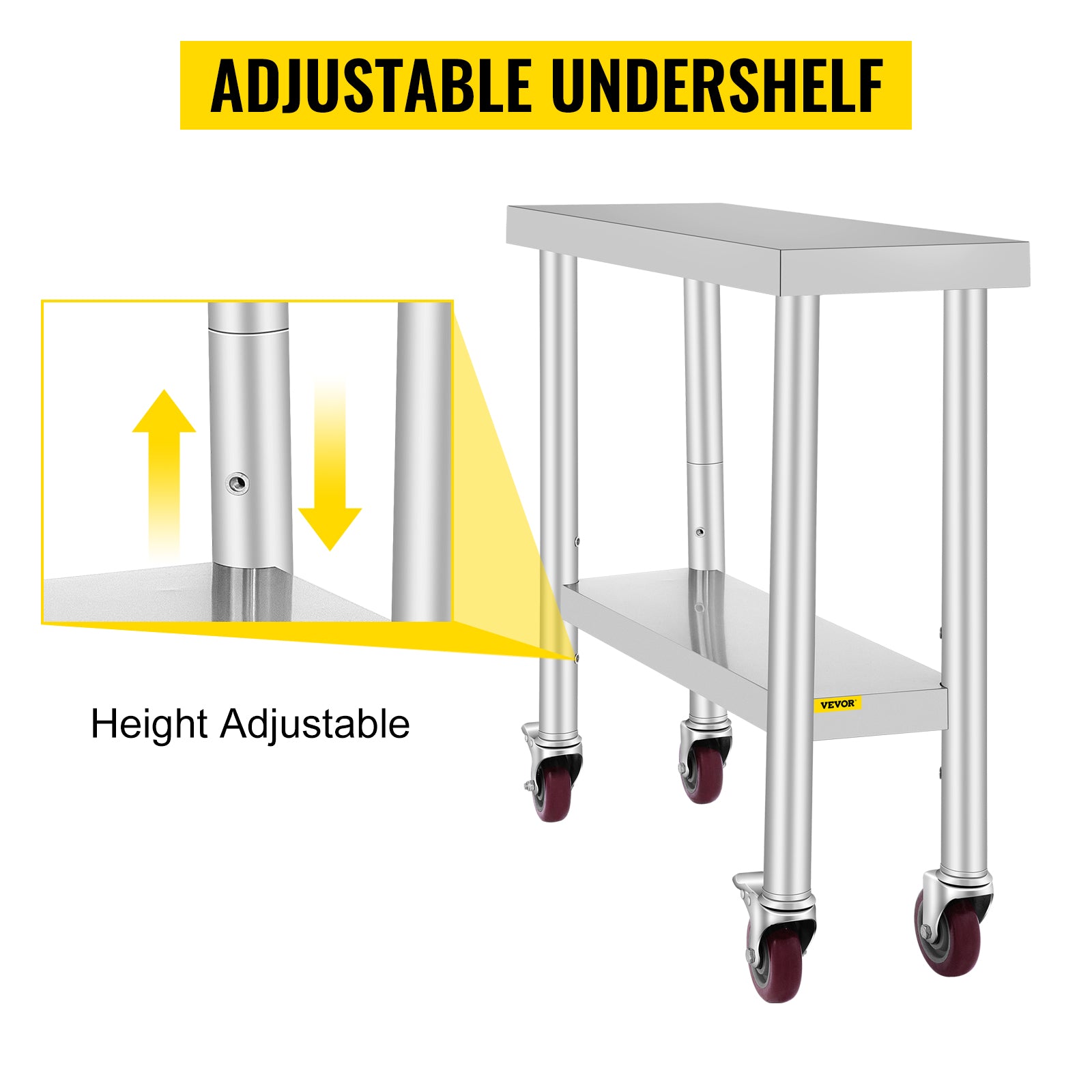 VEVOR 30x12x34 Inch Stainless Steel Work Table 3-Stage Adjustable Shelf with 4 Wheels Heavy Duty Commercial Food Prep Worktable with Brake for Kitchen Prep Work