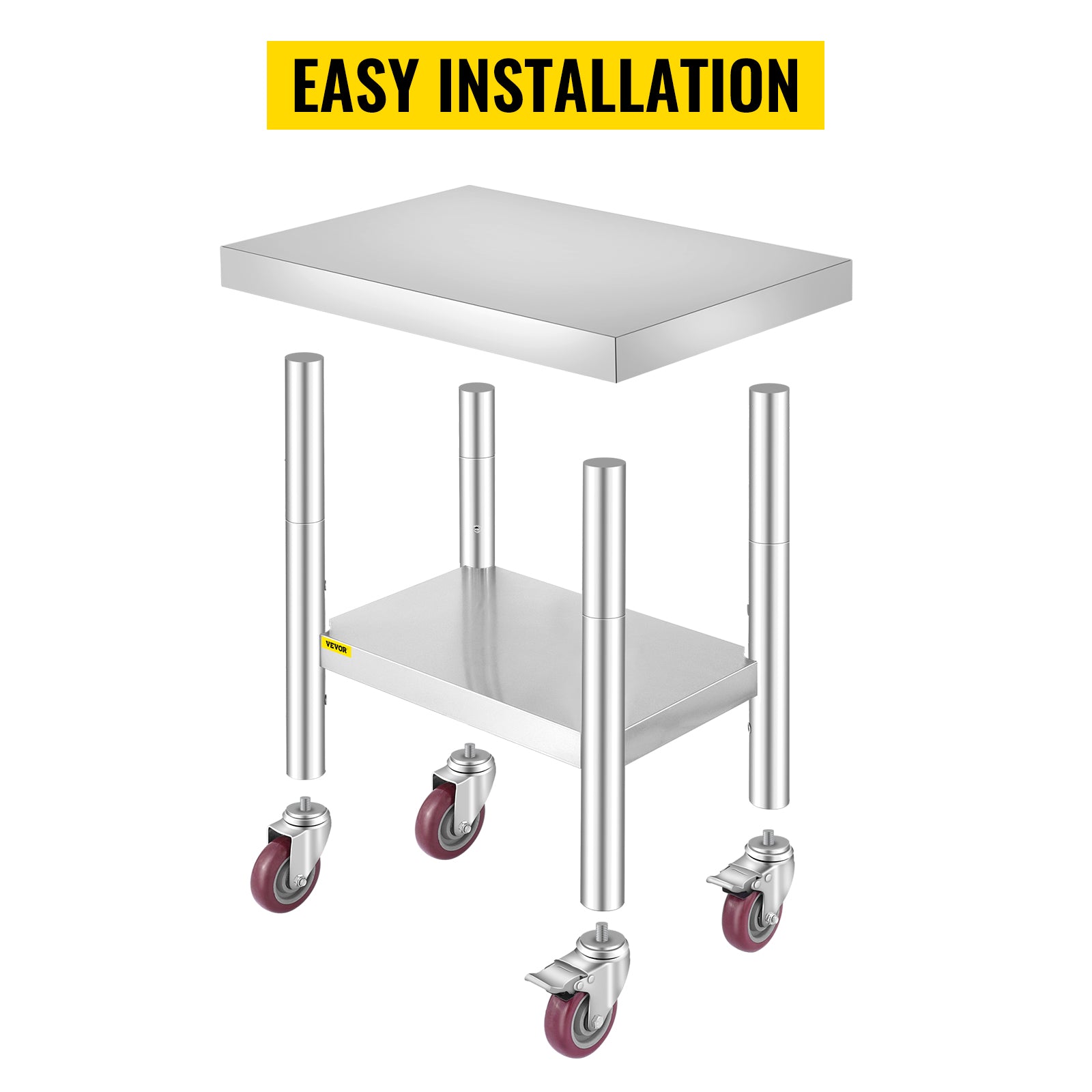 VEVOR 24x18x34 Inch Stainless Steel Work Table 3-Stage Adjustable Shelf with 4 Wheels Heavy Duty Commercial Food Prep Worktable with Brake for Kitchen Prep Work