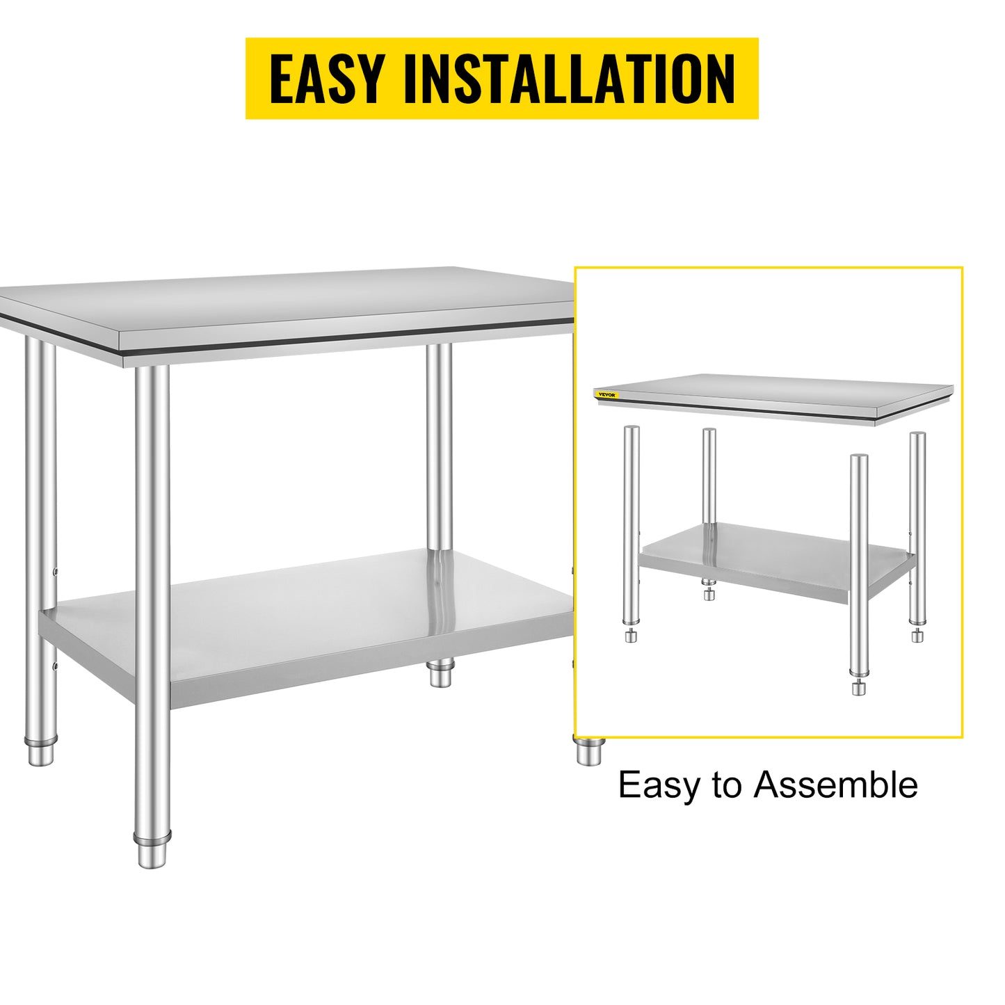 VEVOR Stainless Steel Work Table 24 x 36 x 32 Inch Commercial Kitchen Prep & Work Table Heavy Duty Prep Worktable Metal Work Table with Adjustable Feet for Restaurant, Home and Hotel