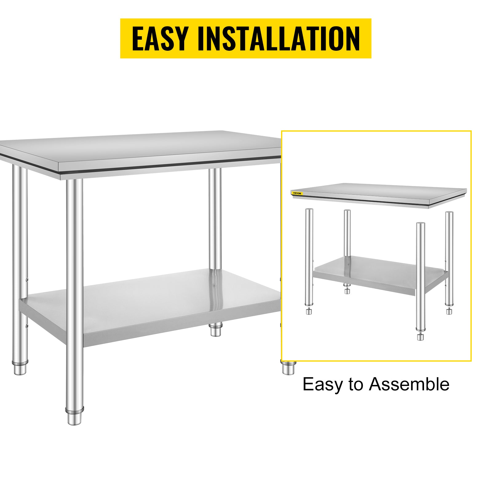 VEVOR Stainless Steel Work Table 24 x 36 x 32 Inch Commercial Kitchen Prep & Work Table Heavy Duty Prep Worktable Metal Work Table with Adjustable Feet for Restaurant, Home and Hotel