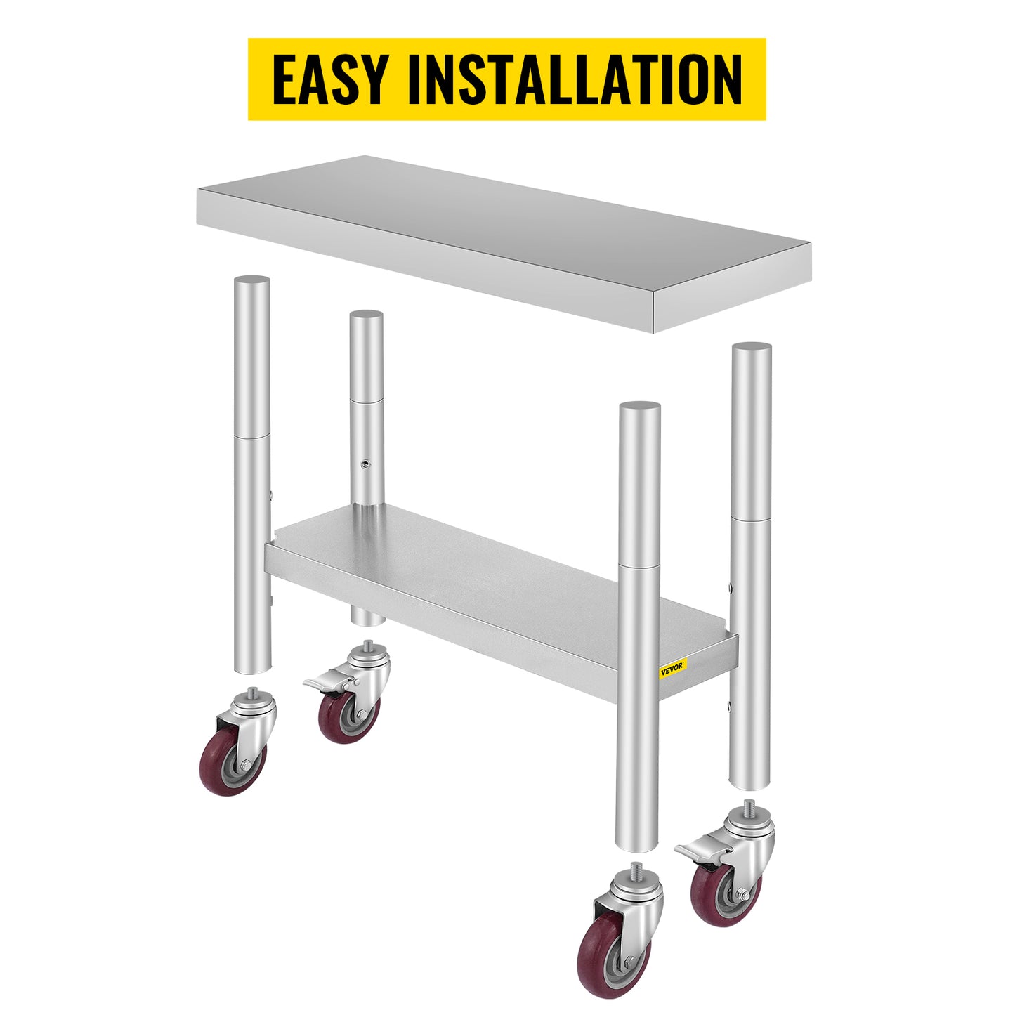 VEVOR 30x12x34 Inch Stainless Steel Work Table 3-Stage Adjustable Shelf with 4 Wheels Heavy Duty Commercial Food Prep Worktable with Brake for Kitchen Prep Work